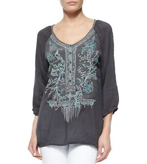 Johnny Was Grey Blue Embroidered Tunic Top, Size LG Bohemian Lagenlook Boho